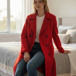 Zara Double Faced Wool Blend Double Breasted Coat, Red
